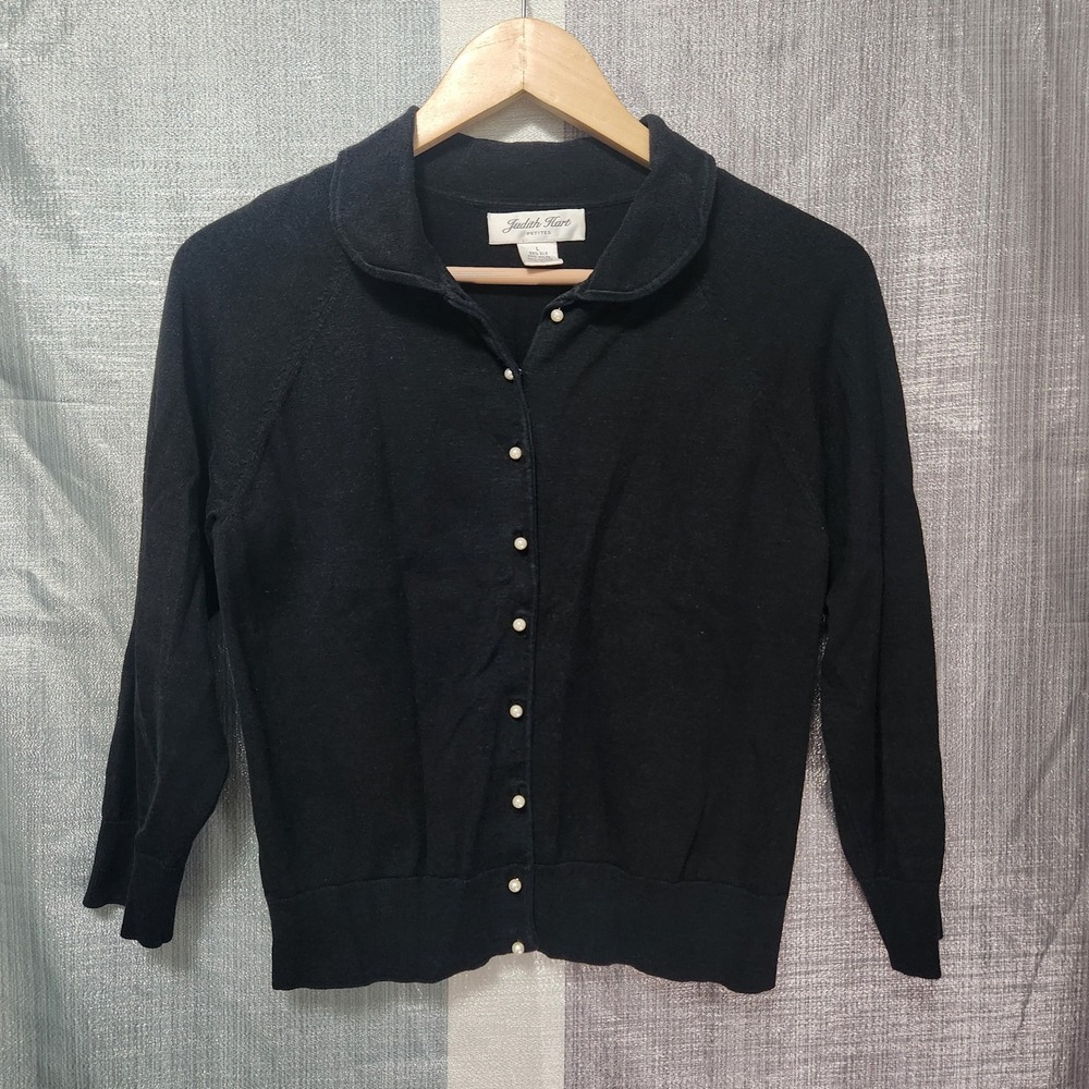 Judith Hart Pearl Petites Black Silk Blend Cardigan Sweater L Whimsigoth Romance